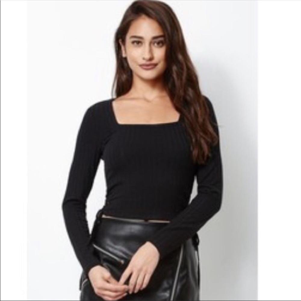 Kendall + Kylie square neck black long sleeve top